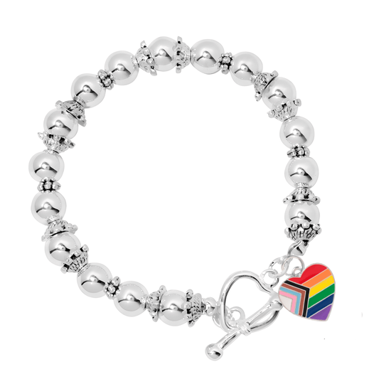 12 Daniel Quasar Flag Heart Charm Silver Beaded Bracelets - We are Pride