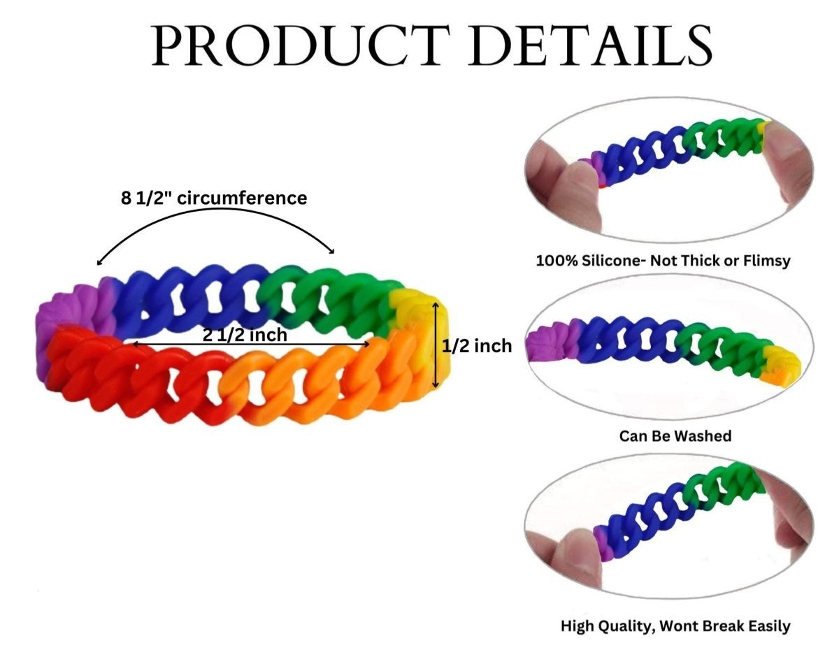 Rainbow Chain Link Silicone Bracelets, Gay Pride Wristbands in Bulk