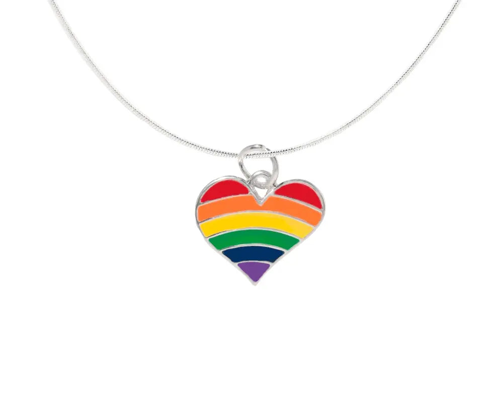 Bulk Rainbow Heart Charm Necklaces, LGBTQ Gay Pride Awareness