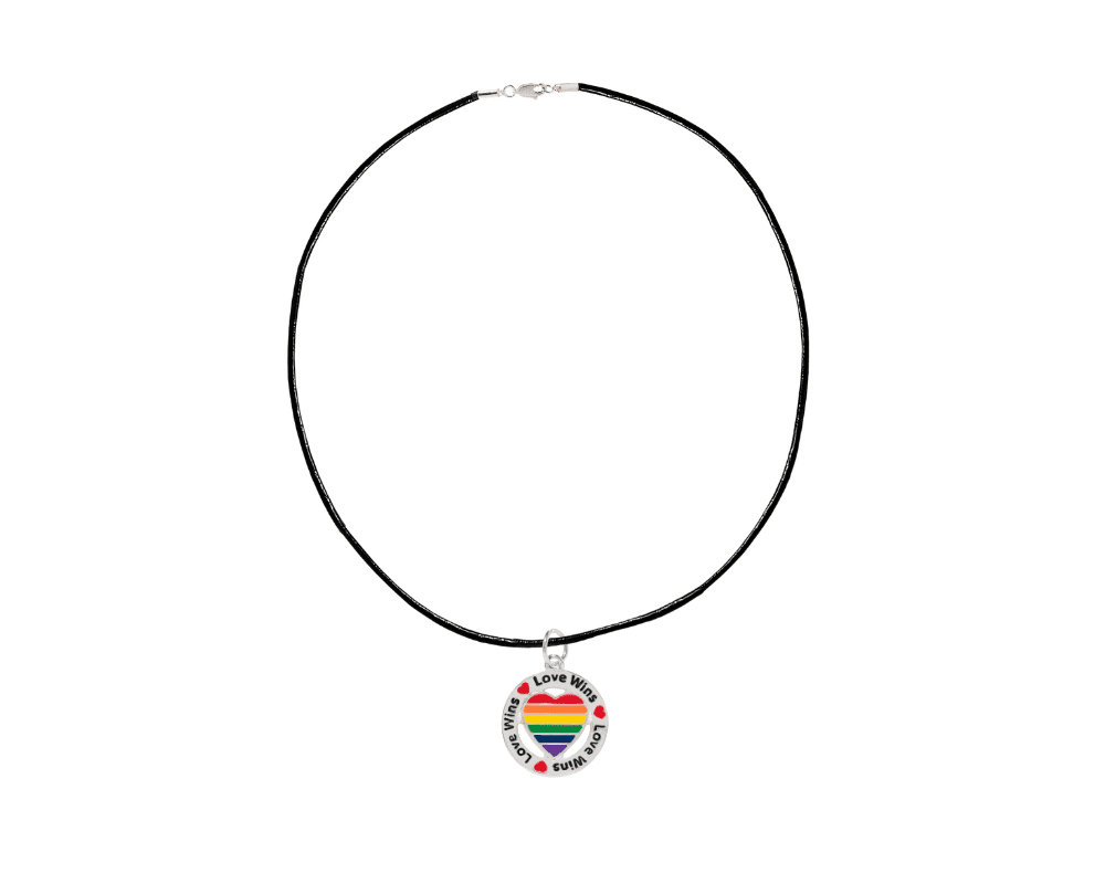 Round Rainbow Heart Love Wins Charm on Black Cord Necklace, Gay Pride Awareness Pendants