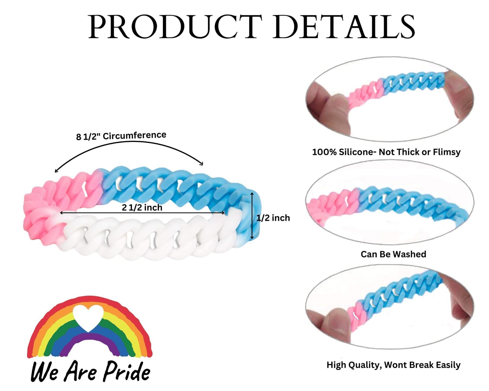 Bulk Transgender Flag Silicone Chain Bracelet Wristbands, We Are Pride